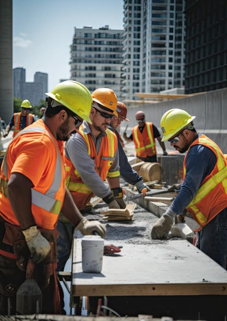Construction workers in safety gear working